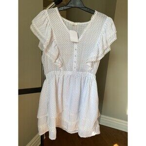 MAISIE Women's White Navy Polka Dot Tiered Ruffle Sleeve Dress Size L